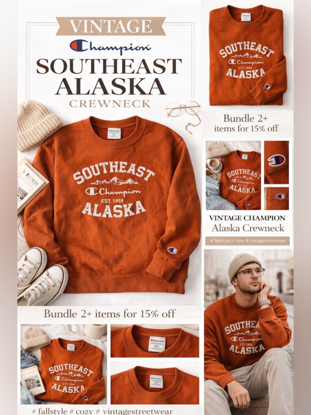 Vintage Champion Alaska Crewneck Sweatshirt Retro Graphic Pullover Streetwear 2X - Picture 6 of 14